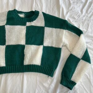 Green & Cream Checker Knit Sweater | NWOT | Size M